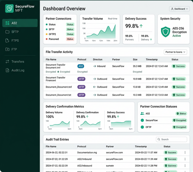 SecureFlow MFT — Post-login dashboard preview